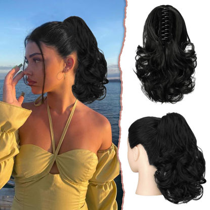 Picture of SOFEIYAN Ponytail Extension 11 inch Claw Clip Ponytail Hair Extensions Long Curly Wavy Ponytail Fluffy Clip on Pony Tails Synthetic Hairpiece for Women，Black