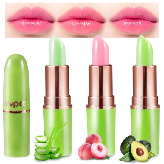 Picture of evpct 3Pcs Aloe Vera Peach Avocado Tinted Lip Balms Tint Stain Lipstick for Women Girls PH Color Changing Lipstick Balm Stain Gift Set Queen Korean Mood Long Lasting Color Change Light Pink Lipstick