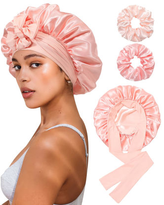 Picture of Reversible Satin Bonnet for Sleeping Women Silk Bonnet Double Layer Hair Bonnet with 2PCS Hair Scrunchies Elastic Tie Band Night Cap Hair Wrap for Natural Curly Hair (Apricot Powder+Champagne)