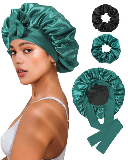 Picture of Reversible Satin Bonnet for Sleeping Women Silk Bonnet Double Layer Hair Bonnet with 2PCS Hair Scrunchies Elastic Tie Band Night Cap Hair Wrap for Natural Curly Hair (Dark Green+Black)