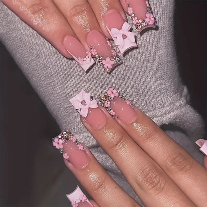 Picture of French Tip Press on Nails Medium Length Fake Nails 3D Bow Flower Design Nude Color French Nail Tips Charms Nails Rhinestones Nails for Women Daily Wear Cute False Nails 24Pcs