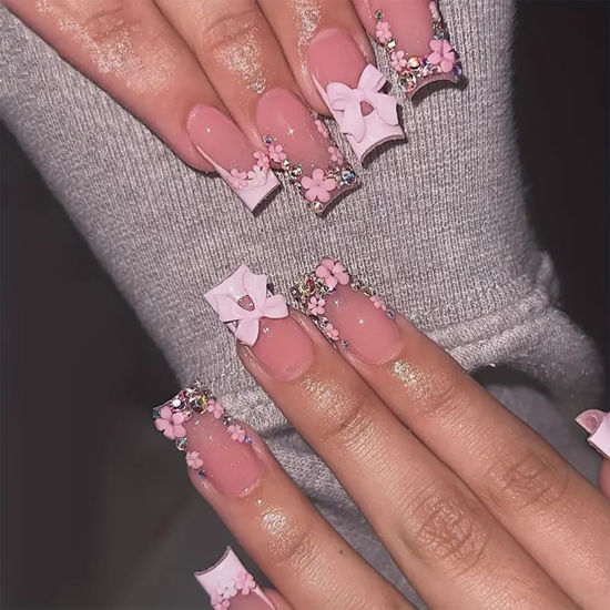 Picture of French Tip Press on Nails Medium Length Fake Nails 3D Bow Flower Design Nude Color French Nail Tips Charms Nails Rhinestones Nails for Women Daily Wear Cute False Nails 24Pcs