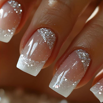 Picture of Square Press on Nails Medium French Tips Fake Nails Silver Glitter Acrylic Nails Press ons White Ombre Glue on Nails Shiny Stick on Nails Nude False Nails for Women Girls Nails Decoration 24Pcs