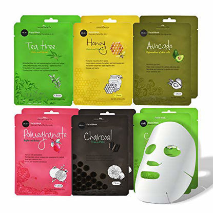 Picture of celavi Essence Facial Face Mask Paper Sheet Korea Skin Care Moisturizing 12 Pack (Mix - 2 of Each)