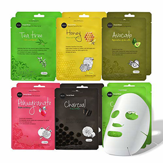Picture of celavi Essence Facial Face Mask Paper Sheet Korea Skin Care Moisturizing 12 Pack (Mix - 2 of Each)