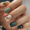 Picture of Press on Nails Short Square Fake Green Leopard Print Acrylic Nails Press ons Green Full Cover False with Gold Foil Graphic Designs Glossy Glue Stick Artificial for Women Girls 24 Pcs