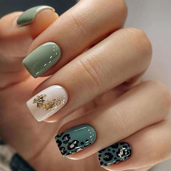 Picture of Press on Nails Short Square Fake Green Leopard Print Acrylic Nails Press ons Green Full Cover False with Gold Foil Graphic Designs Glossy Glue Stick Artificial for Women Girls 24 Pcs