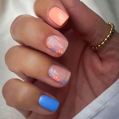 Picture of Press on Nails Short Square Blue Orange Fake Nails Press ons Flowers Glue on Nails Spring Summer Nails Decorations Glossy Full Cover Acrylic False Nails Stick on Nails for Women 24 Pcs