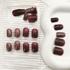 Picture of Press on Nails Short Burgundy Acrylic Nails Press ons Glossy Square Fake Nails with Golden Glitter Designs Red Full Cover Reusable Glue on Nails for Women Girls 24 Pcs