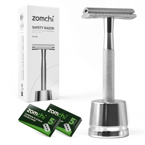 Picture of ZOMCHI DE Safety Razor with 10 Safety Razor Blades, Reusable Metal Razor for Men & Women with Razor Stand, Plastic Free Razors - Silver