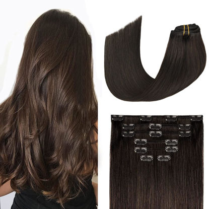 Picture of Dark Brown Clip in Hair Extensions Real Human Hair 100G 100% Real Human Hair Clip in Hair Extensions Soft Silky Straight 7pcs 16clips One Pack (20 Inch #2)