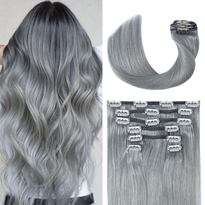 Picture of UGOTRAYS Silver Grey Clip in Hair Extensions Real Human Hair 70G Gray Remy Human Hair Clip in Extensions 20 Inch Soft Silky Straight for Full Head 7pcs 16clips One Pack (20 Inch #Silky/Gray)