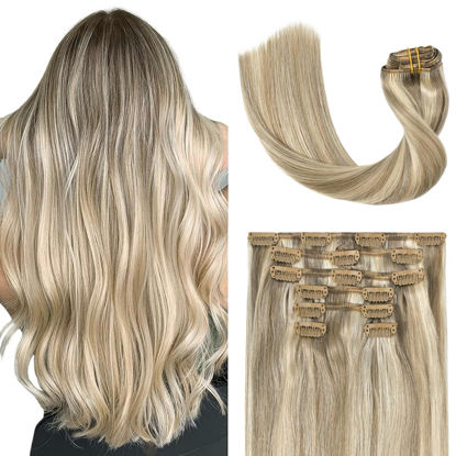 Picture of UGOTRAYS Blonde Clip in Hair Extensions Real Human Hair - 20 inch 100g Ash Blonde Mixed Bleach Blonde Straight 7pcs Double Weft - 100% Remy Human Hair Extensions #18p613 20in