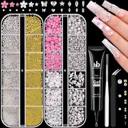 Picture of Metal Nail Beads and 3D Flowers and Glass Rhinestones with Rhinestones Glue Gel for Nail Art, Flatback Pearls Multi Shapes Gems Blossom Pearl Nail Charms and Caviar Beads for Manicure Decor