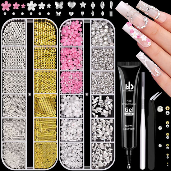Picture of Metal Nail Beads and 3D Flowers and Glass Rhinestones with Rhinestones Glue Gel for Nail Art, Flatback Pearls Multi Shapes Gems Blossom Pearl Nail Charms and Caviar Beads for Manicure Decor