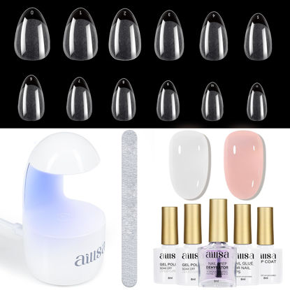 Picture of AILLSA Gel Nail Kit Short Almond Nail Tips 240pcs with 2 In 1 Nail Glue Base Coat and Nail Dehydrator, Soft Gel Full Nail Kit with Nail Lamp Top Coat for Starters Home Salon Valentine's Day