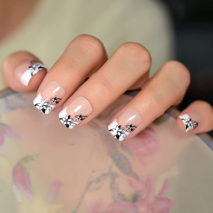 Picture of ELEVENAIL French Tips Press On Nails Short Nude White Vine Flower False Nails Squoval Acrylic Nail Art Salon Women Girls DIY Manicure Daily Reusable Stick On Fake Nails Gifts