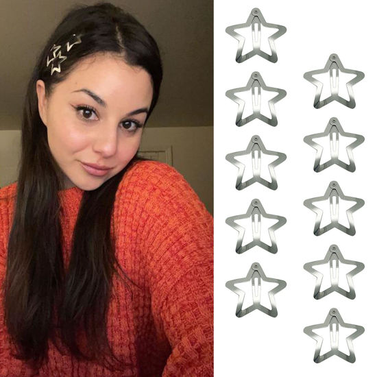 Picture of GKETN 10 PCS 1.22" Star Hair Clips Snap Hair Barrettes Non Slip Star Hair Accessories for Girls Women Cute Lovely 2000s Y2K Silver Metal Hair Clips
