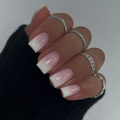 Picture of 24Pcs Ombre Press on Nails Medium Square Acrylic Fake Nails Pink White Gradation Fake Nails Glossy False Nails Ombre Stick on Nails Full Cover Glue on Nails for Women Girls Nails Decoration