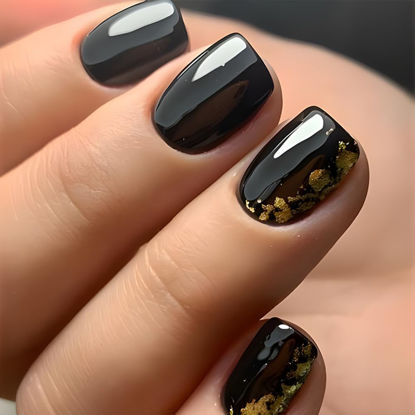 Picture of Black Press on Nails Short Square Fake Nails Gold Foil Glue on Nails Glossy Acrylic False Nails Reusable Manicure Art Nails Kit Black Full Cover Stick On Nails for Women 24Pcs
