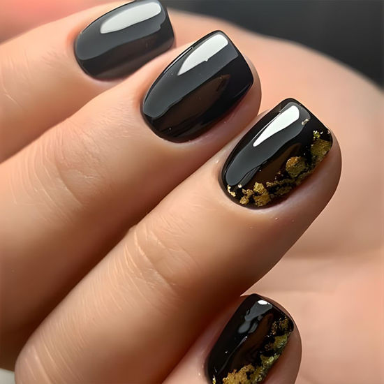 Picture of Black Press on Nails Short Square Fake Nails Gold Foil Glue on Nails Glossy Acrylic False Nails Reusable Manicure Art Nails Kit Black Full Cover Stick On Nails for Women 24Pcs