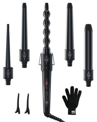 Picture of 5 in 1 Curling Wand Set: Ohuhu Curling Iron Wand 5Pcs 0.35 to 1.25 Inch Interchangeable Ceramic Barrel Heat Protective Glove 2 Clips Dual Voltage Hair Curler for Girls Valentine's Day Gift Black