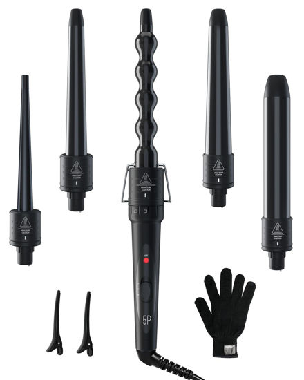 Picture of 5 in 1 Curling Wand Set: Ohuhu Curling Iron Wand 5Pcs 0.35 to 1.25 Inch Interchangeable Ceramic Barrel Heat Protective Glove 2 Clips Dual Voltage Hair Curler for Girls Valentine's Day Gift Black