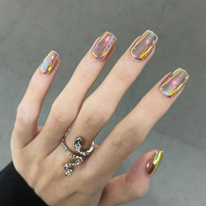 Picture of Square Press on Nails Short Gold Chrome Fake Nails Shiny Mirror Acrylic Nails Aurora Glue on Nails Glossy Bling Artificial False Nails Stick on Nails for Women Girls Nails Decoration 24 Pcs