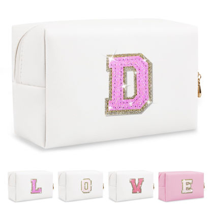 Picture of Small Initial Patch Makeup Bag Personalized Gifts Make Up Bag,White Cute PU Leather Glitter Letter Cosmetic Bag with Zipper,Trendy Portable Travel Toiletry Pouch,Preppy Stuff for Teen Girls Women D