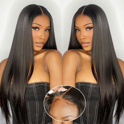 Picture of Wear and Go Glueless Wigs Human Hair Pre Plucked Pre Cut 6x4 Straight Lace Front Wigs Human Hair Wigs for Women No Glue Hd Lace Front Closure Ready to Wear Wigs 180% Density 20 Inch Natural Black