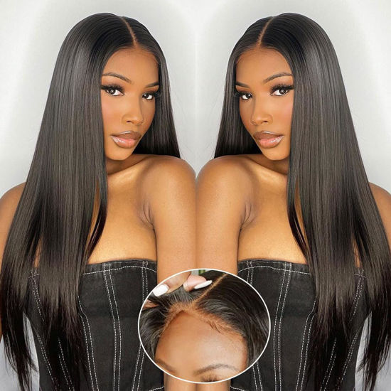 Picture of Wear and Go Glueless Wigs Human Hair Pre Plucked Pre Cut 6x4 Straight Lace Front Wigs Human Hair Wigs for Women No Glue Hd Lace Front Closure Ready to Wear Wigs 180% Density 20 Inch Natural Black