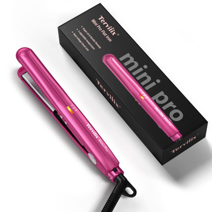 Picture of Terviiix Mini Flat Iron Adjustable Temperature, Travel-Size Mini Hair Straightener, Small Flat Irons for Short Hair/Curls Bangs, Ceramic Portable Tiny Hair Curler, Dual Voltage, Auto-Off, Pink, 1/2''