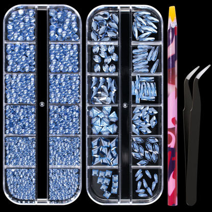 Picture of Multi Shapes Light Blue 3D Glass Crystal Nail Art Rhinestones Kit with Flatback Round Bead Charm Gem Stone Jewelry Diamond with Pickup Pen + Tweezer for Manicure Makeup DIY Craft Decoration