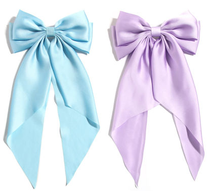 Picture of SUSULU Blue Hair Bow Clips for Women Lilac Big Bows Metal Clips French Barrette with Long Tail Satin Ribbon Hairpin Lady Barrettes Scrunchies Ponytail Accessories 2pcs