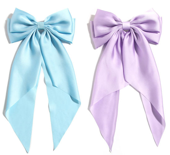 Picture of SUSULU Blue Hair Bow Clips for Women Lilac Big Bows Metal Clips French Barrette with Long Tail Satin Ribbon Hairpin Lady Barrettes Scrunchies Ponytail Accessories 2pcs