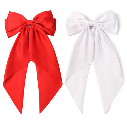 Picture of SUSULU Large Hair Bow Clips for Women Red Hair Bow White Hair Bow Slides for Girls Satin Hair Barrettes with Long Ribbon Tail,Wedding Birthday Women Hair Accessories Pack of 2