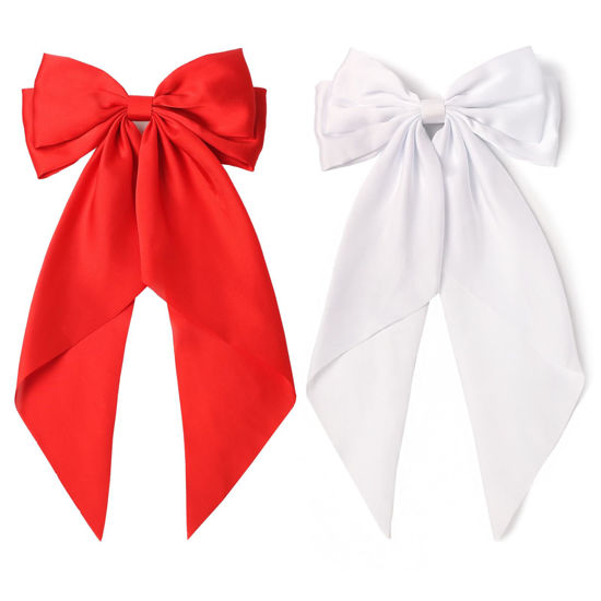 Picture of SUSULU Large Hair Bow Clips for Women Red Hair Bow White Hair Bow Slides for Girls Satin Hair Barrettes with Long Ribbon Tail,Wedding Birthday Women Hair Accessories Pack of 2