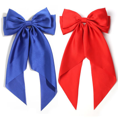Picture of SUSULU Large Hair Bow Clips for Women Red Royal Blue Hair Bows Slides for Girls Satin Hair Barrettes with Long Ribbon Tail,Wedding Birthday Hair Accessories Pack of 2