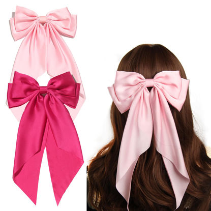 Picture of SUSULU Pink Hair Bows for Women, 2pcs Big Hair Bows Long-Tail Pink Ribbon Bows Hot Pink Hair Bows Accessories Hair Barrettes Party Birthday