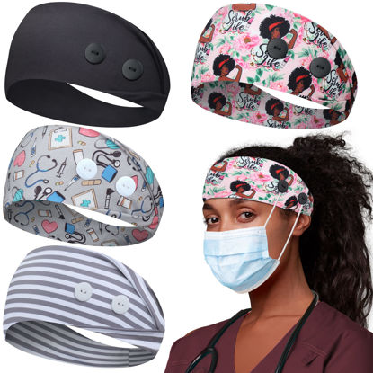 Picture of ABAMERICA Headbands with Button for Mask, Wide Nurses Headbands Non Slip Elastic Ear Protection for Women Men Doctors Sweatband Headband (BUTTON- 4 PACK COLOR04)