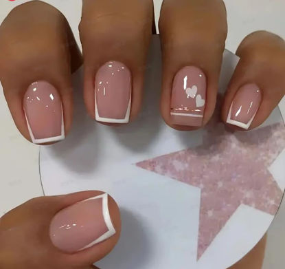 Picture of Curvlife Press on Nails Acrylic Fake Nails with Design Full Cover False Nails Reusable Nail Kit with Nail Glue Adhesive Tabs Nail File Artificial Glue on Nails (French Flat Edge, 32pcs)