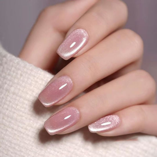 Picture of Curvlife Press on Nails Acrylic Fake Nails with Design Full Cover False Nails Reusable Nail Kit with Nail Glue Adhesive Tabs Nail File Artificial Glue on Nails (cat eyes pink, 30pcs)