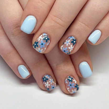 Picture of Curvlife Press on Nails Acrylic Fake Nails with Design Full Cover False Nails Reusable Nail Kit with Nail Glue Adhesive Tabs Nail File Artificial Glue on Nails (azure blue flower, 30pcs)