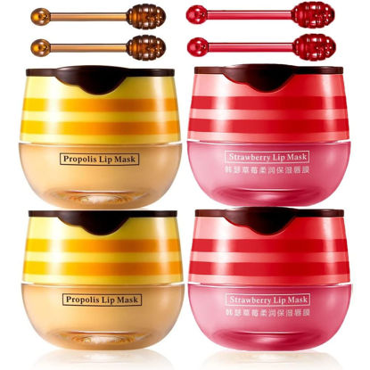 Picture of 4 Pcs Lip Balm Honey Pot, Honey & Strawberry Moisturizing Lip Mask Reduces Lip Lines, Prevention Dry and Cracked Lip Scrubs Exfoliator.(Honey & Strawberry)
