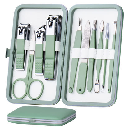 Picture of HANTEKAS Manicure Set 10 in 1 Stainless Steel, Nail Clippers Scissors Pedicure Tools Kit - Portable Travel Grooming Kit for Men and Women with Leather Case (Jade Green)