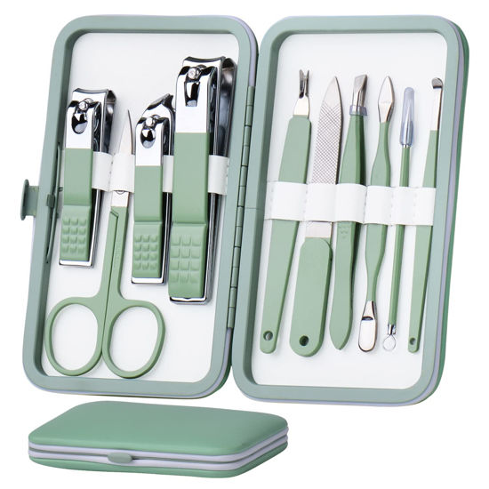 Picture of HANTEKAS Manicure Set 10 in 1 Stainless Steel, Nail Clippers Scissors Pedicure Tools Kit - Portable Travel Grooming Kit for Men and Women with Leather Case (Jade Green)