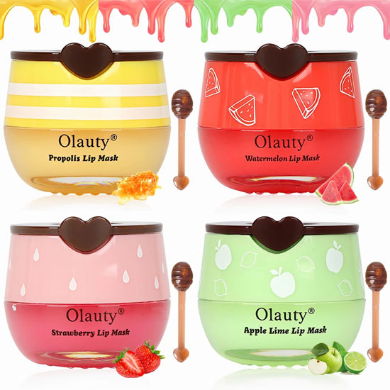 Picture of 4 PCS Bee Lip Balm Lip Mask Honey Pot,Honey & Strawberry & Watermelon & Apple Lime Lip Mask Propolis Moisturizing Lip Balm with Stick,Sleeping Lip Mask Hydrating Prevention Dry & Cracked