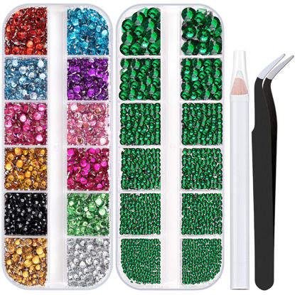 Picture of Two Packs of Flatback Rhinestones 4520 Pcs Colorful Nail Art Rhinestones Flatback Crystal Colorful+Dark Green Rhinestone with Picker Pencil and Tweezer For Nail Art and Decoration