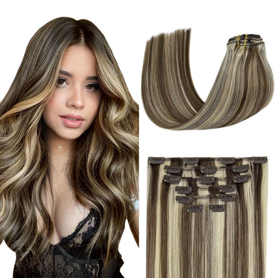 Picture of Aison Clip in Hair Extensions 70G Medium Brown to Blonde 100% Remy Human Hair Clip in Extensions Straight for Fashion Women 7pcs 16clips One Pack (12Inch #4P613)