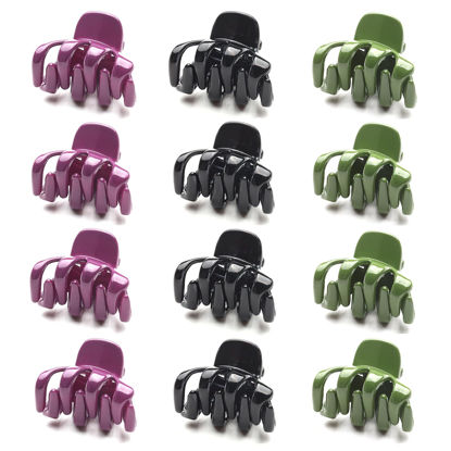 Picture of Cobahom 12 Pack Small Hair Claw Clips 1.2 Inch Plastic Hair Clips for Thin Hair No-Slip Mini Hair Clips Hair Styling Accessories for Women and Girls, Purple, Black and Green